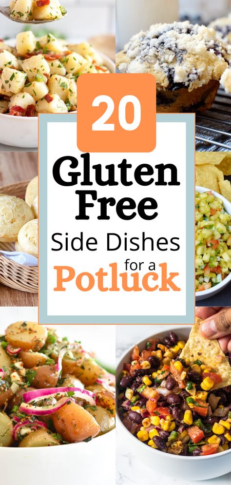 Pictures of side dishes with a banner in the center that says 20 gluten free side dishes for a potluck Potluck Dishes Gluten Free, Gluten Free Side Dishes, Gluten Free Potluck, Best Potluck Dishes, Gluten Free Side, Summer Potluck Recipes, Gluten Free Bbq, Easy Potluck, Gluten Free Easter