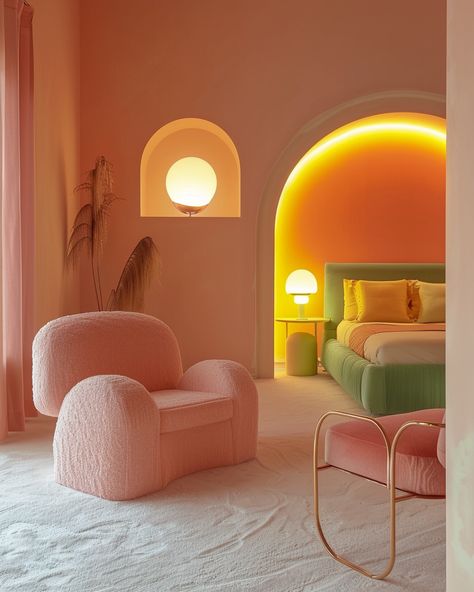 Home Arches Interiors, Interior Design Pink Bedroom, Postmodern Interior Design Bedroom, Home Design 2024, Pastel Color Interior, Bright Color Bedroom Ideas, Velvet Interior Design, Pink Home Interior, Pop Interior Design