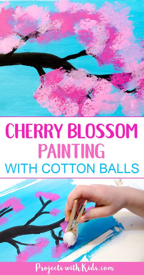 Painting With Cotton Balls, Classe D'art, Blossom Painting, Spring Art Projects, Art Project For Kids, Cherry Blossom Painting, Cherry Blossom Art, Project For Kids, Spring Crafts For Kids