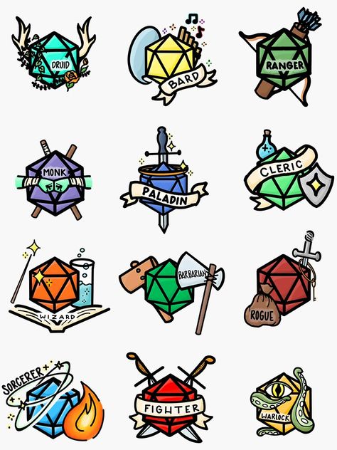 "D20 Classes" Sticker by kelsearae | Redbubble D&d Class Symbols, D&d Doodles, Dnd Clip Art, Dnd Class Symbols, Dnd Painting Ideas, Dnd Sticker Ideas, D&d Stickers, Dnd Cookies, D&d Tattoo Ideas