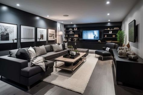 Black Basement Walls, Basement Media Room Ideas, Black Basement, Moody Basement, Basement Color Schemes, Basement Wall Colors, Gray Basement, Bonus Room Design, Basement Update