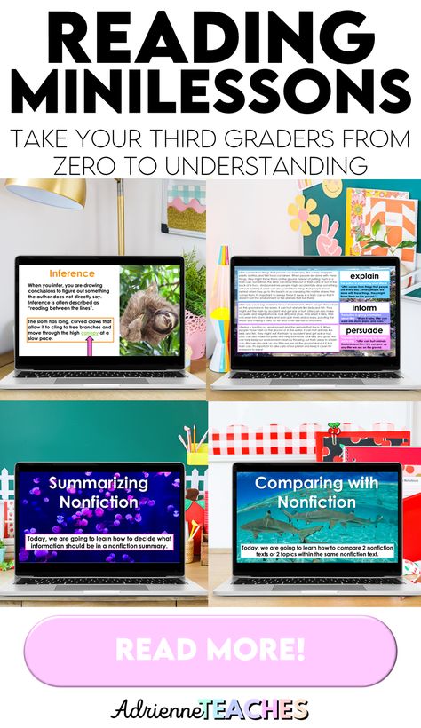 These reading mini-lesson PowerPoint slides cover SO many reading skills and strategies. They are a lesson all by themselves, you can just download and teach! Take your students from zero to understanding on day one of a new topic or skill in your third, fourth, or fifth grade classroom. Reading Mini Lessons 3rd Grade, Writing Mini Lessons 3rd Grade, Line Plots 3rd Grade, Readers Notebook Third Grade, Teaching Third Grade Reading, Third Grade Books, Reading Mini Lessons, Subtraction Word Problems, Teaching Third Grade