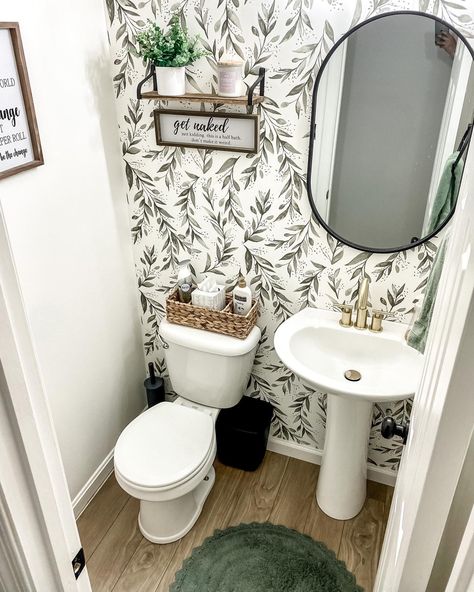 Modern Farmhouse Half Bathroom, Half Bathroom Wallpaper, Farmhouse Powder Room, Half Bath Decor, Small Half Bathroom, Small Half Bath, Small Bathroom Wallpaper, Half Bath Remodel, Half Bathroom Remodel