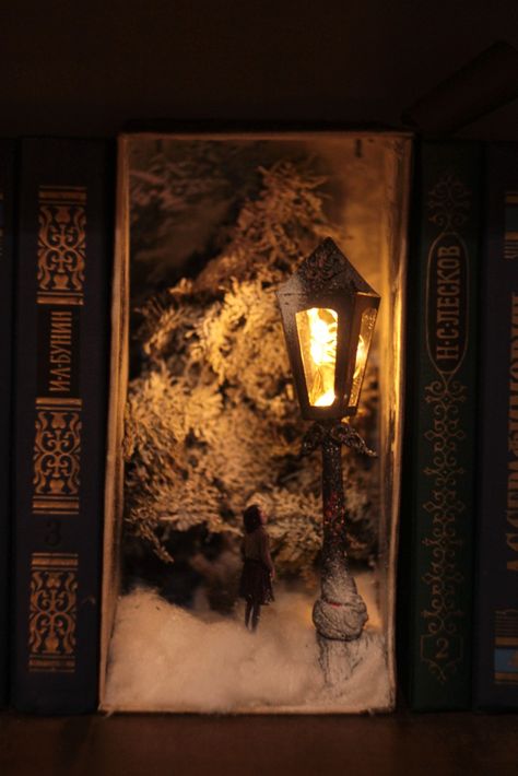 Narnia Book Nook, Booknook Diy, Fairy Garden Books, Diy Book Nook, Book Art Sculptures, Oxford College, Bookshelf Inspiration, Altered Book Art, Shadow Box Art