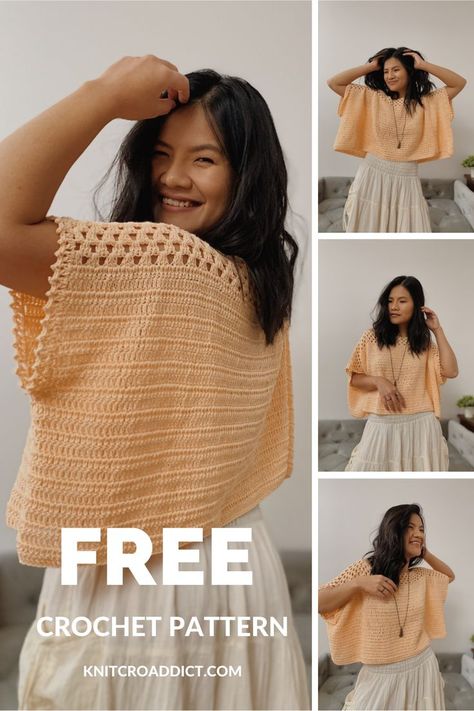 Simple crochet poncho top pattern made from 2 pieces and then sewn together. This free crochet top pattern includes women's sizes XS-XXL. Poncho Style Top, Crochet Top Outfit, Mode Crochet, Crochet Ladies Tops, Crochet Tops Free Patterns, Crochet Summer Tops, Crochet Fashion Patterns, Crochet Cardigan Pattern, Crochet Vest