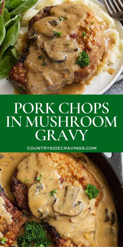 Pork Chops In Mushroom Gravy, Mushroom Gravy Pork Chops, Creamy Mushroom Gravy, Pan Fried Pork Chops, Boneless Pork Chop Recipes, Pork Chop Recipes Crockpot, Pork Chop Recipe, Pork Chops And Gravy, Easy Pork Chops