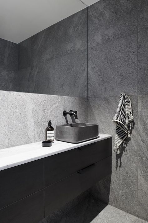 Terrace House Renovation, Contemporary Terrace, Grey Powder Room, Masculine Bathroom Ideas, Black Tile Bathrooms, Masculine Bathroom, Grey Bathrooms Designs, Park Project, Grey Bathroom Tiles