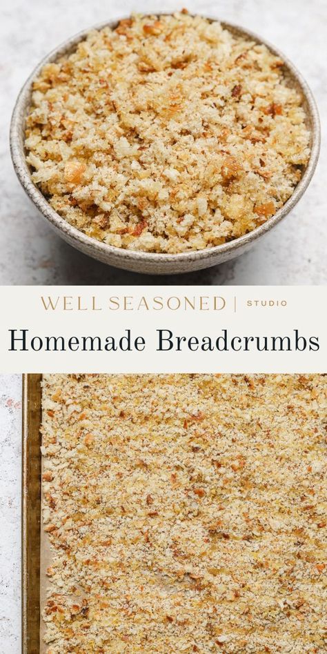 Homemade Breadcrumbs are the very best use for leftover bread and incredibly easy to make from scratch! They're crispy, they're crunchy, and you can use any type of bread you want. Store breadcrumbs in a fridge -- or freeze for later! -- to use with your favorite recipes, such as in meatballs, as a breading mixture for chicken or eggplant, or turned into a crunchy topping for pastas. DF #wellseasonedstudio #breadcrumbs #homemadebreadcrumbs How To Make Bread Crumbs Out Of Bread, Home Made Bread Crumbs Recipes, Bread Crumb Recipes, How To Make Bread Crumbs, Diy Bread Crumbs, Making Breadcrumbs, Homemade Breadcrumbs, Delicious Casseroles, How To Make Breadcrumbs