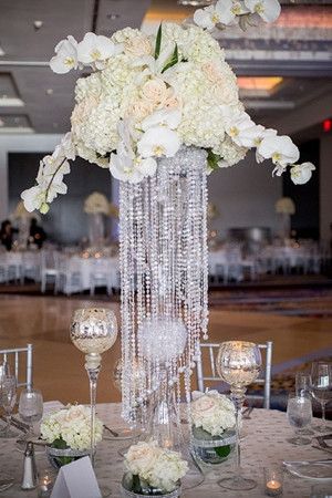 modern white wedding centerpieces for 2014 reception ideas Formal Decorations, Tall Arrangements, White Flower Centerpieces, Pearl Centerpiece, Elegant Centerpiece, Crystal Centerpieces, Wedding Chandelier, Tall Centerpieces, Unique Centerpieces