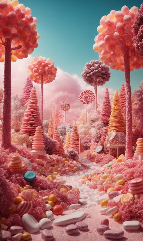 Candy Fantasy Land, Candy Surrealism, Candy World Aesthetic, Candy World Drawing, Imagination Art Dreams, Candy World Illustration, Dream World Imagination, Candy Land Aesthetic, Candy City