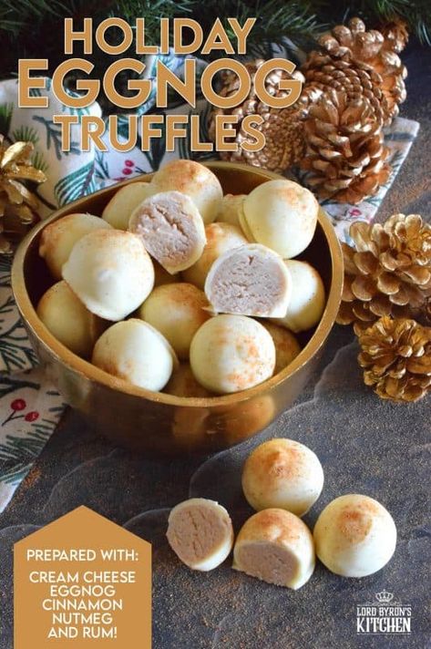 Eggnog Peanut Butter Balls, Holiday Cake Balls, Eggnog Truffles, Holiday Desserts Cookies, Chocolate Eggnog, Eggnog Recipes, Holiday Eggnog, Truffles Chocolate, Truffle Cream