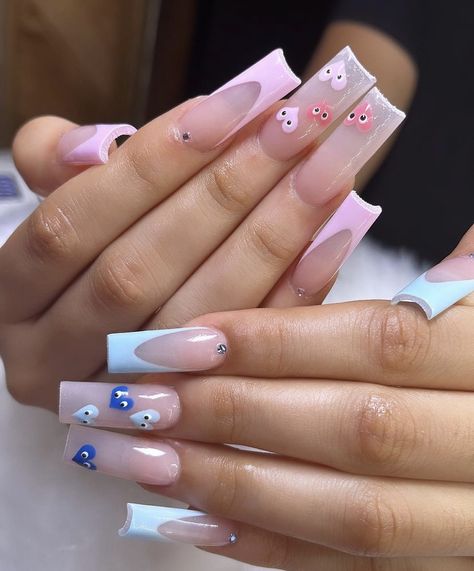 Nail Ideas French Tip Purple, Acrylic Nail Designs That Match Everything, Simple Nails Acrylic Squares Long, Nail Ideas Mid Length Square, Square And Coffin Acrylic Nails, Nail Ideas No French Tip, Trendy Nails With Charms, Square Acrylic Nails Summer Art Designs, Acrylic Nail Designs Mid Length