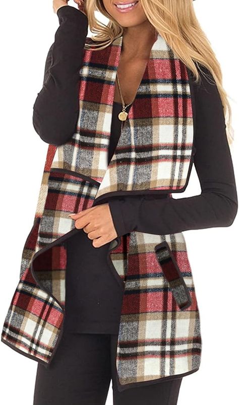 Features: Lapel, Draped open front, Plaid pattern, Front pockets, Brushed fabric exterior, Sleeveless cardigans with unique trim for women Fashion mix: Easy to wear with your favorite pants, jeans, skirt, leggings or boots. Dressy Vest, Plaid Clothing, Long Sleeveless Cardigan, Buffalo Plaid Vest, Vest Style Women, Trendy Vest, Flannel Vest, Casual Outwear, Early Winter