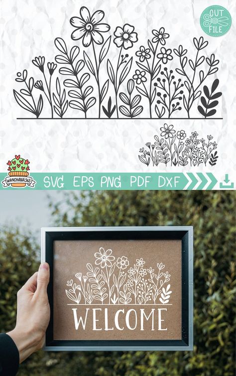 Flower Svg Wildflower Svg Flowers And Leaf Hand Drawn | Etsy Cottagecore Cricut Projects, Wildflower Svg Free Cricut, Free Leaf Svg, Boho Cricut Projects, Sign Svg Free, Flower Svg Free, Wild Flower Svg, Cricut Cardstock, Wildflower Svg