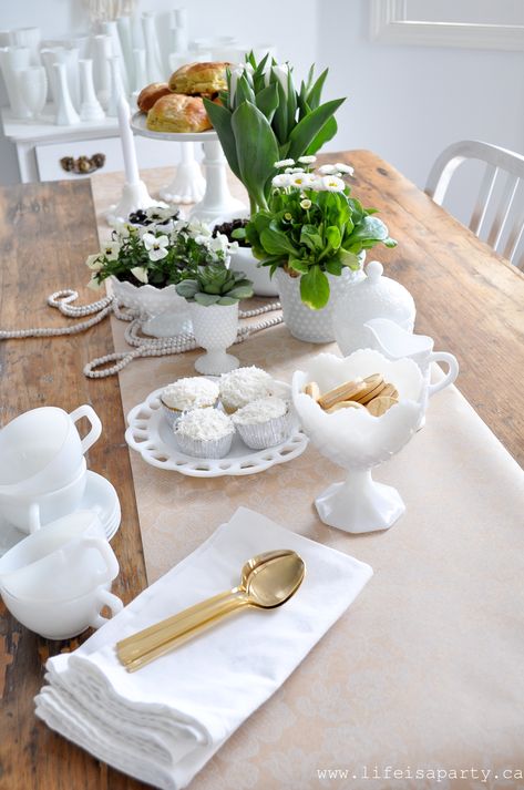 Milk Glass Tablescape, Milk Glass Display, Dining Room Table Settings, Milk Glass Decor, Spring Tea Party, Milk Glass Collection, Tea Cart, White Hot Chocolate, Classic Pooh