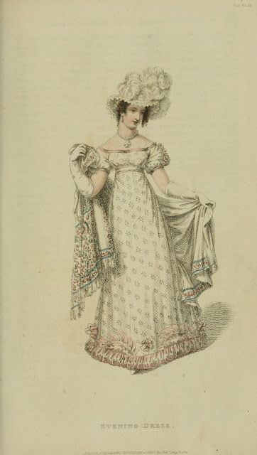 1821 - Ackermann's Repository Series 2 Vol 12 Empire Outfit, 1820s Fashion, Fancy Dress Ball, Regency Gown, Regency Era Fashion, Elbow Length Gloves, October Fashion, White Shawl, 1800s Fashion