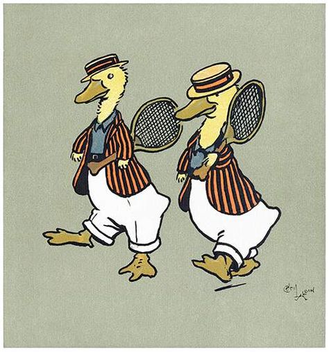 Two ducklings in boaters and striped jackets walk side by side carrying tennis rackets Tennis Art, Duck Cartoon, Vintage Tennis, Elegant Hats, Scientific Illustration, Tennis Racket, New Yorker, Ducks, Art Inspo