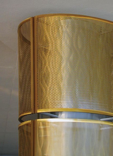 The height of luxury - golden perforated metal column covers by Móz #MozDesignerMetals #PerforatedMetal #ColumnCovers #Gold Column Design Interior Restaurant, Metal Column Design, Luxury Column Design, Steel Column Architecture, Column Decoration Ideas, Decorative Metal Sheets, Brass Perforated Metal Screen, Columns Interior, Metal Column