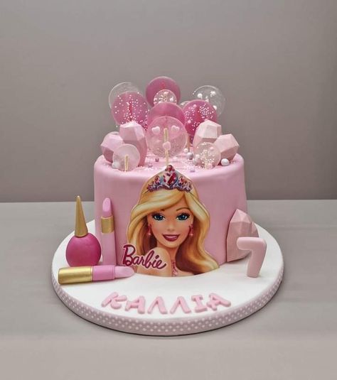 Barbie Cake With Makeup, Barbie Two Tier Cake, Barbie Cake Ideas, Barbie Doll Cake Design, Birthday Cake Barbie Doll, Makeup Birthday Cakes, Barbie Doll Cake Design Simple, Creative Food Art, 1st Birthday Cakes