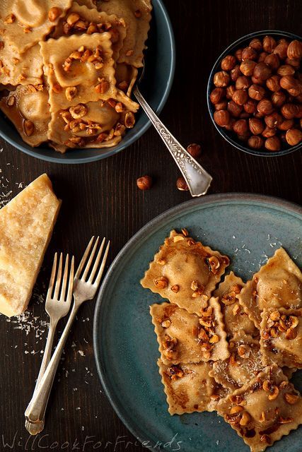 Homemade Pumpkin Ravioli with Hazelnut Brown Butter Sauce and Balsamic Drizzle Tortellini, Balsamic Drizzle, Hazelnut Recipes, Pumpkin Ravioli, Brown Butter Sauce, Barbecue Chicken, Chicken Pizza, Butter Sauce, Brown Butter