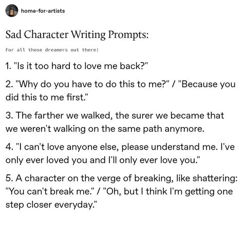 Writing Prompts Tragic, Deep Writing Prompts Thoughts, Writing A Traumatized Character, Vacation Writing Prompts, Series Ideas Writing, Writing Prompts Comfort, How To Write A Narcissistic Character, Comforting Writing Prompts, Comfort Dialogue Prompts