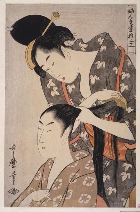 Kitagawa Utamaro alone, of his contemporary ukiyo-e artists, achieved a national reputation during his lifetime. His sensuous female beauties are generally considered the finest and most evocative bijin-ga in all of ukiyo-e. He succeeded in capturing subtle aspects of personality, and transient moods, of women of all classes, ages, and circumstances. Japanese Wood Block Art, Kitagawa Utamaro, Japanese Woodcut, Art Chinois, Japanese Colors, Japanese Wall Art, Japanese Decor, Japanese Illustration, Art Asiatique