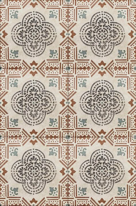 The Lancaster patterned tile on limestone is a classic Spanish style design that looks amazing as a kitchen backsplash or on the floor of your tile.  The bold design and rich colors in this pattern is mesmerizing. Spain Pattern Design, Spanish Fabric Pattern, Spanish Backsplash Tile, Spanish Pattern Design, Spanish Style Wallpaper, Pattern Tile Texture, Laundry Room Floor Plans, Spanish Textiles, Laundry Room Floor Tile