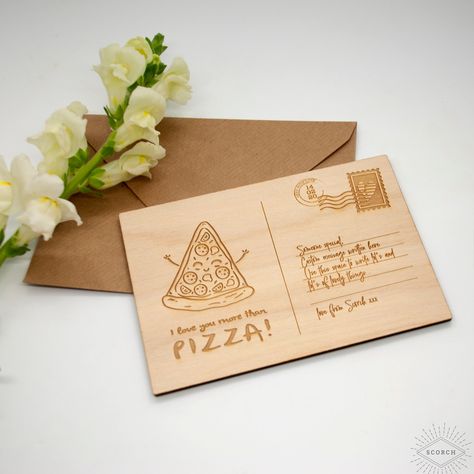 LOVE YOU more than PIZZA| Wooden postcard with personalised engraved message & postmark - great for anniversaries Wooden Postcard, Unique Save The Dates, Presentation Cards, Great Housewarming Gifts, Custom Cake Toppers, Christmas Postcard, Photo Magnets, Card Envelopes, Heartfelt Gifts