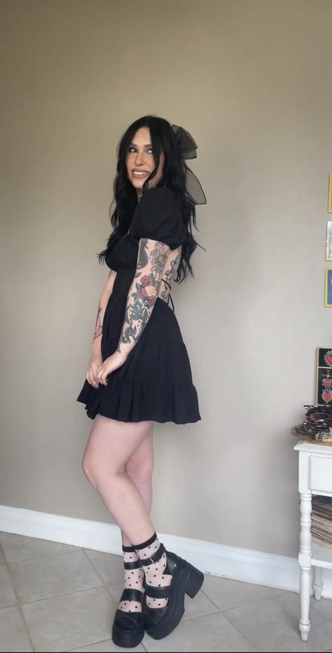 Semi Casual Event Outfit, Long Dress With Platform Boots, Easter Goth Outfit, Alt First Date Outfit, Goth Spring Aesthetic, Goth Mini Dress Outfit, Spring Gothic Outfits, Going Out Outfits Alternative, Alternative Date Outfit