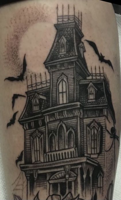 Creepy House Tattoo, Cemetery Gates Tattoo, Spooky House Tattoo, Haunted House Tattoo, Cathedral Tattoo, Coffin Tattoo, House Tattoo, Halloween Flash, Shin Tattoo