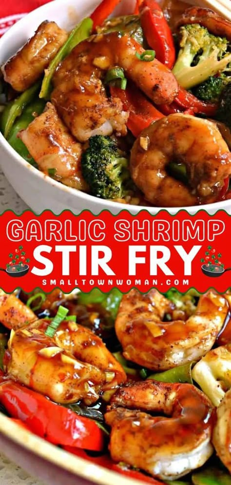 Whip up this easy garlic shrimp stir fry! It's a simple meal under 30 minutes. Complete with vegetables in a slightly spicy honey garlic sauce, this stir fry recipe is mouthwateringly good. Save this quick dinner idea! Shrimp Stir Fry Recipes, Garlic Shrimp Stir Fry, Easy Garlic Shrimp, Shrimp Stir Fry Recipe, Fry Shrimp, Stir Fry Shrimp Recipes, Fried Shrimp Recipes, Honey Garlic Shrimp, Shrimp Stir Fry