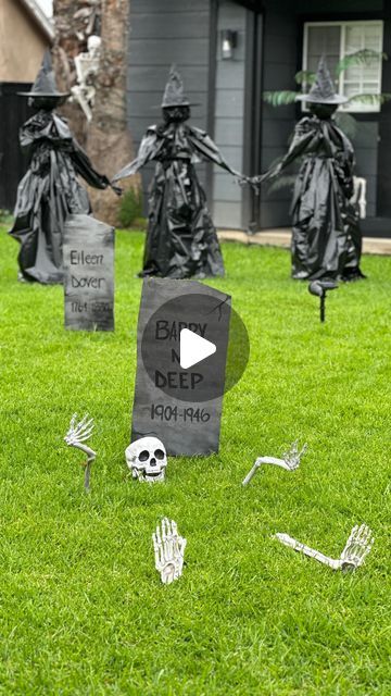 AUDREY GLASS on Instagram: "DIY Wood Tombstones 🪦💀 I cut a sheet of plywood in 12” x 24” pieces. Cut the top edges to give them different tombstone shapes. Drilled a wooden stake to the back (1.5” x 18”). Spray painted half of them a concrete gray, the other half a charcoal. After two coats, I gave it texture with a sponge and black paint. Wrote clever names on the tombstones with a paint pen and went over it all with black paint and a brush to make it bolder and easier to read from afar. Tombstone Shapes, Tombstone Diy, Wooden Stake, Office Halloween, Plywood Sheets, The Other Half, Instagram Diy, Other Half, Tombstone