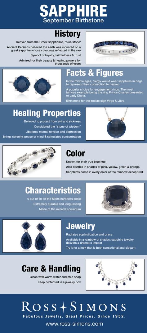 Learn about the history, facts, healing properties, color, characteristics and how to care for September's Birthstone, Sapphire. Sapphire Birthstone, Precious Gemstones Jewelry, Rocks And Gems, September Birthstone, Sapphire Jewelry, History Facts, Gems And Minerals, Sapphire Gemstone, Crystal Gems