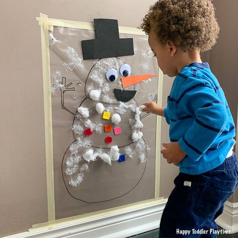 Snowman Sticky Wall - HAPPY TODDLER PLAYTIME Contact Paper Christmas Tree, Twos Activities, Wall Activities, Xmas Activities, Daycare Projects, Joy School, Winter Activities For Toddlers, Activities For One Year Olds, Mess Free Painting