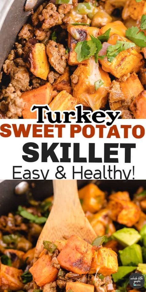 This ground turkey sweet potato skillet is a delicious one pan dinner for those busy weeknights that the whole family will love. Spice it up and dress it down with your favorite toppings. Dinner tonight will be a Whole Lotta Yum! Turkey And Sweet Potato Skillet, Ground Turkey Sweet Potato Bowl, Ground Chicken Recipes Healthy Skillet, Ground Turkey And Sweet Potato, Ground Turkey Sweet Potato Skillet, Keto Bowls, Best Ground Turkey Recipes, Portioned Meals, Healthy Skillet Meals