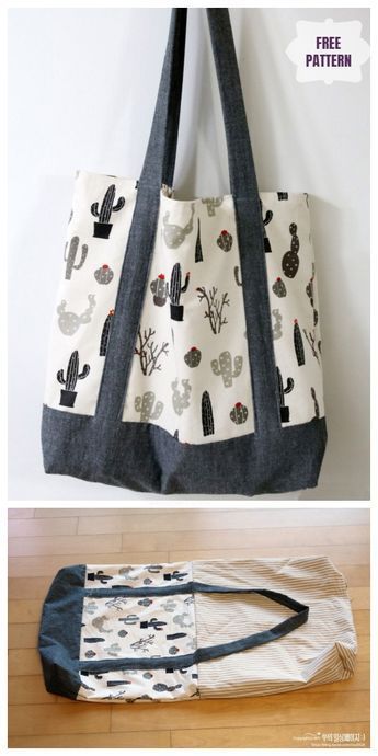 DIY Double-Sided Fabric Eco Shopping Bag Free Sewing Pattern Tote Bag Diy Pattern, Bag Free Sewing Pattern, Återvinna Jeans, Shopping Bag Pattern, Sewing Tutorials Bags, Desain Tote Bag, Sac Diy, Tote Bag Tutorial, Diy Sac