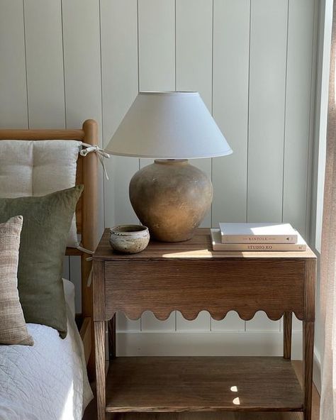 Light and Dwell Interiors on Instagram: "Our Charli Nightstand is hand-crafted with the highest quality of wood and designed with a scalloped drawer to give bespoke joinery a whole new meaning. All of our pieces are authentically handmade in an Oregon wood atelier by an experienced carpenter. Our #dwellwellshop is a reflection of our core principles: sensibility and sustainability. Hints why quality craftsmanship was top of mind while working with our woodworker on using sustainably harvested w Home Mood Board, Light Nightstand, Bedside Table Styling, Nightstand Ideas, Light And Dwell, Oak Nightstand, Amber Interiors, Studio Mcgee, Interior Inspo