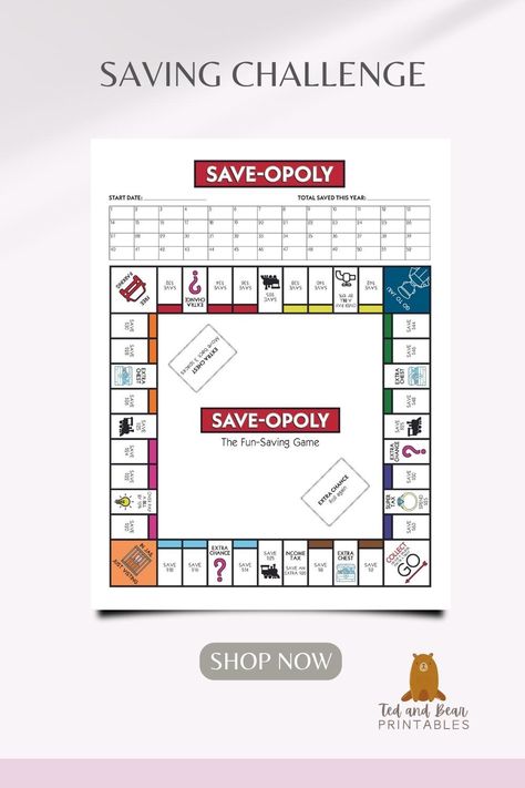 Reach your savings goals in a fun, engaging way with the Saveopoly savings game! 🤑💸 Fun Money Saving Games, Saveopoly Free Printable, Saveopoly Challenge, Saving Money Weekly, Saving Money Monthly, Bujo Tracker, Savings Game, Envelope Stuffing, Financial Budget Planner