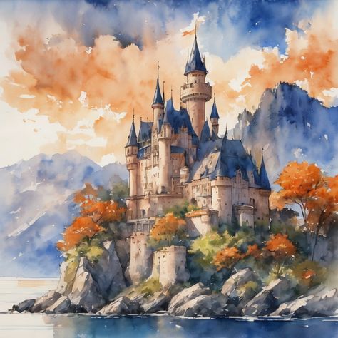 Cute vintage castle,orange color scheme, AI art, Watercolor painting, landscape art Animals Landscape, Castle Drawing, Castle Painting, Castle Aesthetic, Castle Art, Image Painting, Fairytale Castle, Indian Folk Art, Fantasy Castle