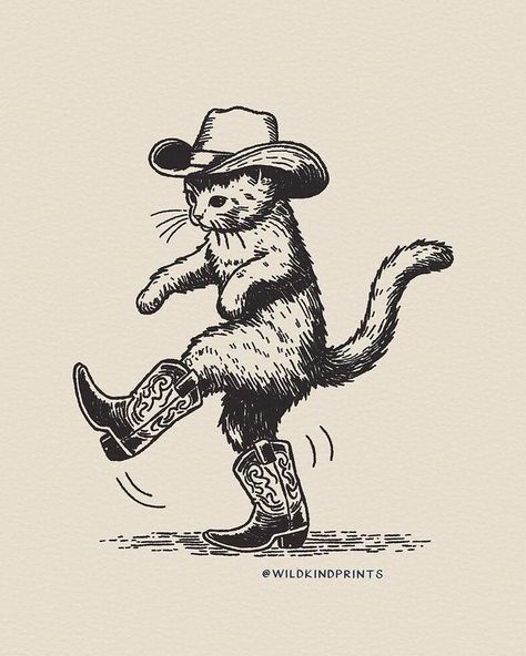 Animal In Cowboy Hat Tattoo, Cat And Man Drawing, Cute Cowboy Aesthetic, Cowboy Diy Decor, Cowgirl Riding Horse Tattoo, Cowboy Cat Drawing, Cow Illustration Design, Cowboy Cat Tattoo, Cowboy Drawings