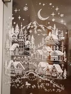 Glass Chalk Window Christmas, Window Paint Snowflakes, Christmas Window Designs Chalk, How To Draw On Windows For Christmas, Winter Painting On Window, Christmas Glass Painting Ideas Window, Window Chalk Ideas, Window Christmas Drawing Ideas, White Chalk Window Art Christmas