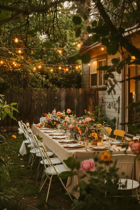 Outdoor table set for a garden party with floral centerpieces, string lights above, and surrounded by lush greenery near a wooden fence and house. Garden Party Entertainment, 25th Backyard Birthday Party, Simple Backyard Dinner Party, Small Backyard Birthday Party Setup, Floral Party Aesthetic, Witchy Garden Party, Backyard Birthday Party Decorations, House Birthday Party Decorations, Boho Party Decorations Bohemian