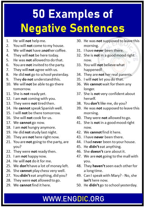 50 Examples of Negative Sentences 50 Negative Sentences He will not help me. You will not come to my house. We will not have another coffee. They will not be here today. He was not allowed to do that. You are not invited to the party. They will not agree with us. He did not go to school yesterday. They do not understand this. We will not be able to go there tomorrow. She is not ready yet. I am not coming with you. They were not tired then. He cannot speak Spanish well. I will not be there tomorr Optative Sentences Examples, Optative Sentences, Negative Sentences, Simple And Compound Sentences, English Everyday, Types Of Sentences Worksheet, Sentences Worksheet, Basic English Sentences, Sentence Examples