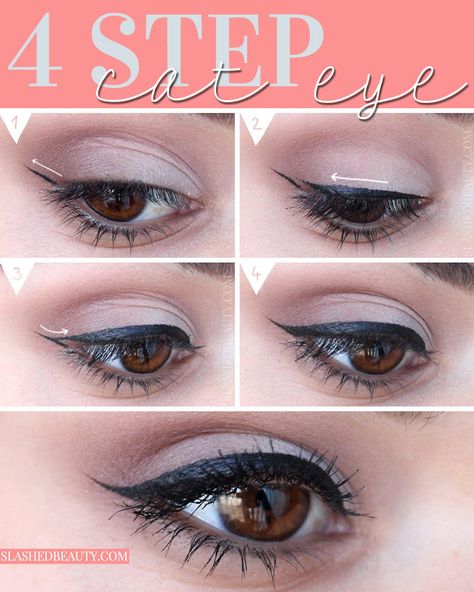 Creating a cat eye liner makeup look takes practice, but you can get it down in only 4 steps. See how to do it yourself! | Slashed Beauty Cat Liner, Easy Cat Eye, Cat Eye Makeup Tutorial, Makeup Creative, Liner Makeup, Makeup Easy, Cat Eyeliner, Cat Eye Makeup, How To Apply Eyeliner