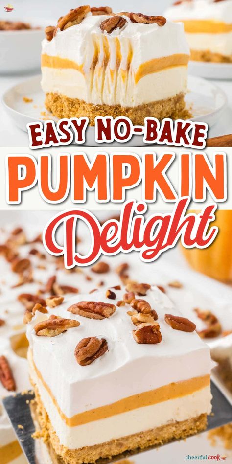 Whip up this Pumpkin Delight Dessert recipe for your next fall gathering! With layers of graham cracker crust, pumpkin and cream cheese filling, and whipped topping, it’s a perfect Pumpkin Dessert For A Crowd. Ideal for Thanksgiving or any fall party! #cheerfulcook #PumpkinLasagnaDessert #PumpkinSpiceDesserts #nobakedessert #EasyPumpkinLushDessert ♡ cheerfulcook.com No Bake Pumpkin Delight, Pumpkin Graham Cracker Dessert, Pumpkin Delight Dessert Recipe, Pumpkin Delight Dessert, Delight Dessert Recipe, Pumpkin And Cream Cheese, Pumpkin Spice Desserts, Dessert For A Crowd, Delight Dessert