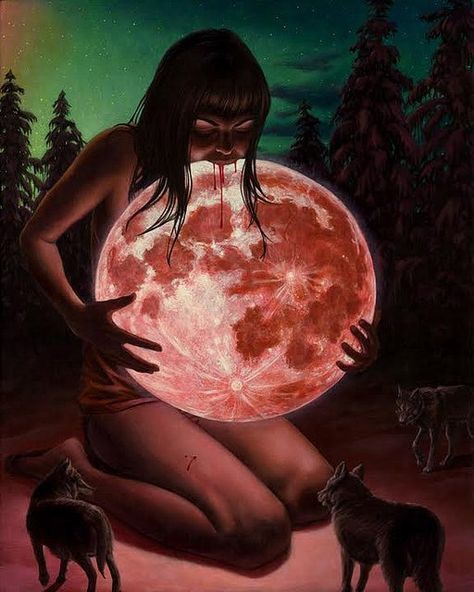 Artwork by Casey Weldon, "Blood Moon" Horror Vintage, Moon In Aquarius, Spoke Art, New Moon Rituals, Moon Art Print, Moon Painting, Wolf Moon, Blood Moon, Wow Art