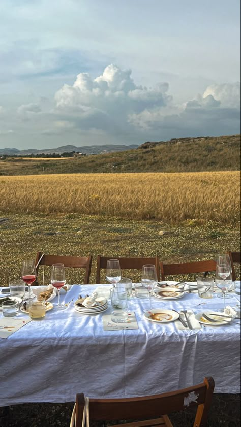 picnic in the field Dinner In A Field, Table In A Field, Field Dinner Party, Farm Dinner Party, Field Party Aesthetic, Farm To Table Aesthetic, Country Dinner Party, Wedding In Field, Vineyard Dinner Party