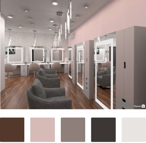 This project is all about lightful and feminine aesthetic.  For this hair salon, our user chose a powder pink accent wall with grey and brown furniture, for a cozy and peaceful space.  How would you decorate your own work space? Pink And Grey Salon Decor, Grey Hair Salon Decor, Pink And Grey Salon, Hair Salon Color Scheme, Hair Salon Wall Colors, Grey And Brown Furniture, Salon Color Schemes, Small Salon Designs, Salon Colors