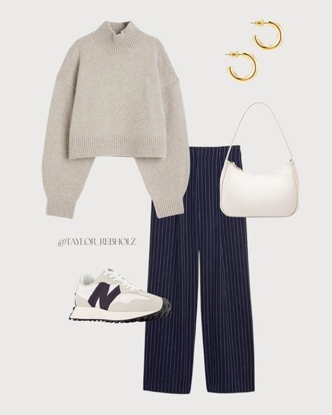 Tan Pinstripe Pants Outfit, Stripped Pants Outfit Fall, Grey Pinstripe Pants Outfit Women, Pinstriped Trousers Outfit, Taupe Trousers Outfit, Fall White Pants Outfit, Navy Pinstripe Pants Outfit, Navy Striped Sweater Outfit, Blue Pinstripe Pants Outfit