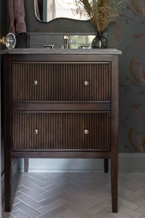 Reeded Vanity Cabinet, Reeded Front Vanity, Wood Vanity Gold Fixtures, Furniture Vanity Powder Room, Bathroom Modern Traditional, Dresser As Vanity Bathroom, Powder Bathroom Floor, Craftsman Style Wallpaper, Reeded Bathroom Vanity